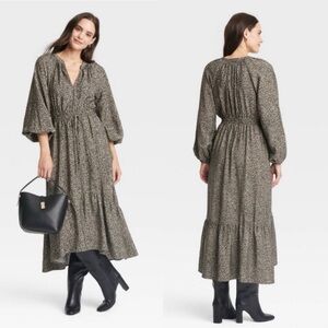 A New Day Hi-Low Asymmetrical Midi Dress Long Balloon Sleeve Brown Leopard Print